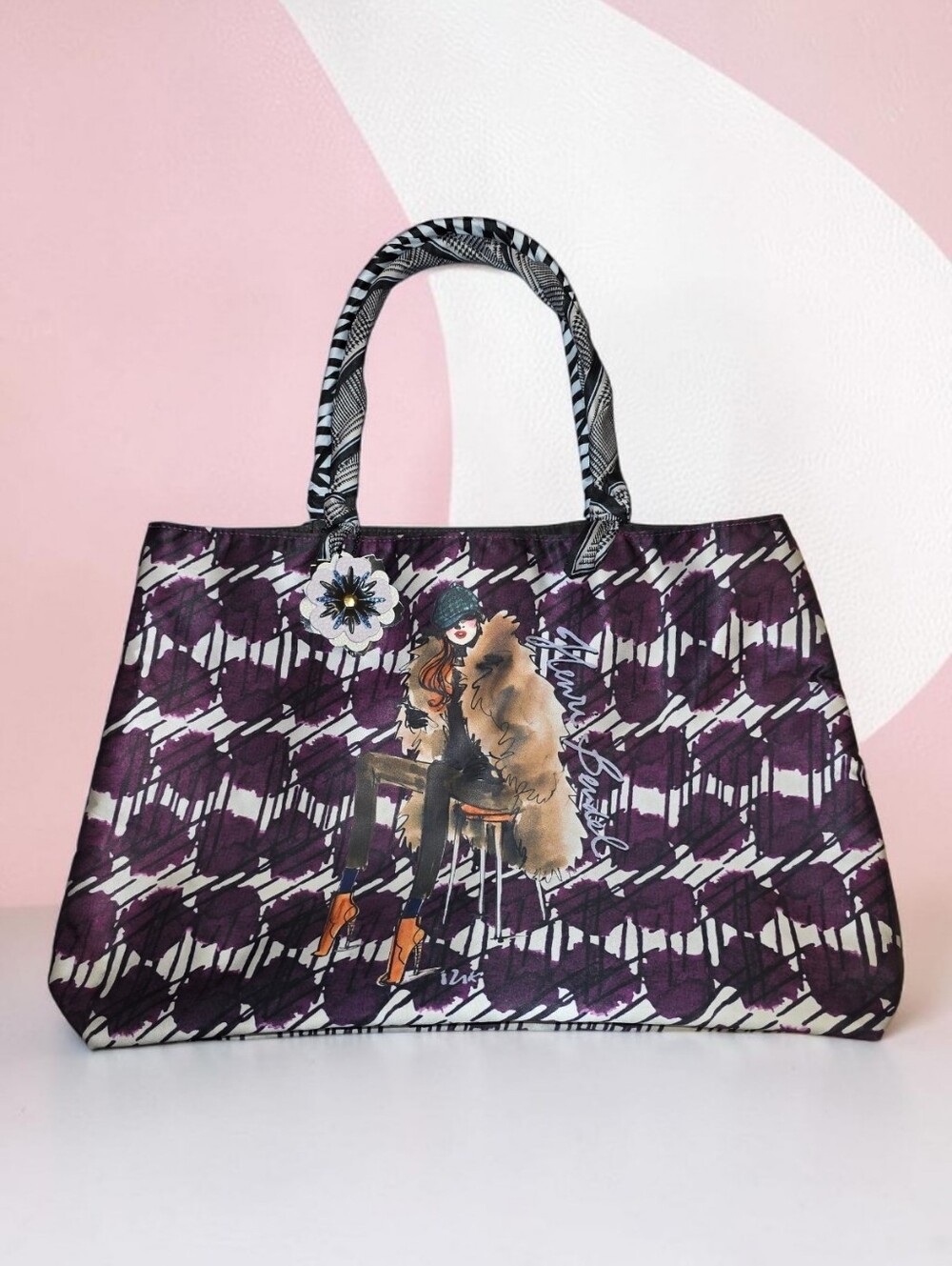 Henri Bendel Izak Reversible Tote Bag with Roostercuster Handmade Flower Bag-EUC
